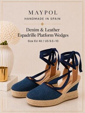 Maypol Handmade in Spain Denim & Leather Espadrille Platform Wedge Sandals US 10